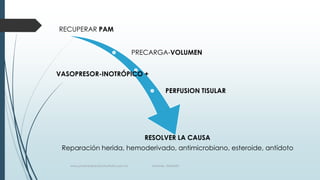 RECUPERAR PAM
PRECARGA-VOLUMEN
VASOPRESOR-INOTRÓPICO +
PERFUSION TISULAR

RESOLVER LA CAUSA
Reparación herida, hemoderivado, antimicrobiano, esteroide, antídoto
www.pharmedsolutionsinstitute.com.mx

Informes. 36246001

 