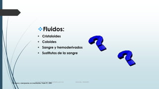 Fluidos:
 Cristaloides
 Coloides
 Sangre y hemoderivados

 Sustitutos de la sangre

www.pharmedsolutionsinstitute.com.mx

Avances y emergencias en resucitación, Tomo IV, 2001

Informes. 36246001

 