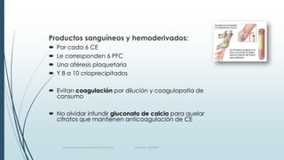 Productos sanguíneos y hemoderivados:





Por cada 6 CE
Le corresponden 6 PFC
Una aféresis plaquetaria
Y 8 a 10 crioprecipitados

 Evitan coagulación por dilución y coagulopatía de
consumo
 No olvidar infundir gluconato de calcio para quelar
citratos que mantienen anticoagulación de CE

www.pharmedsolutionsinstitute.com.mx

Informes. 36246001

 