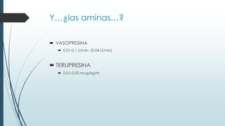Y…¿las aminas…?
 VASOPRESINA
 0.01-0.1 U/min (0.04 U/min)

 TERLIPRESINA
 0.01-0.03 mcg/kg/hr

 