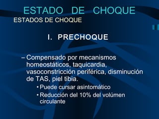 ESTADO DE CHOQUE
ESTADOS DE CHOQUE
I. PRECHOQUE
– Compensado por mecanismos
homeostáticos, taquicardia,
vasoconstricción periférica, disminución
de TAS, piel tibia.
• Puede cursar asintomático
• Reducción del 10% del volúmen
circulante
 