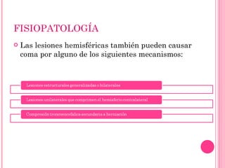FISIOPATOLOGÍA Las lesiones hemisféricas también pueden causar coma por alguno de los siguientes mecanismos: 