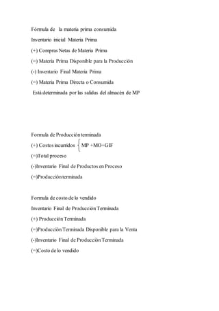 Fórmula de la materia prima consumida
Inventario inicial Materia Prima
(+) Compras Netas de Materia Prima
(=) Materia Prima Disponible para la Producción
(-) Inventario Final Materia Prima
(=) Materia Prima Directa o Consumida
Está determinada por las salidas del almacén de MP
Formula de Producciónterminada
(+) Costosincurridos MP +MO+GIF
(=)Total proceso
(-)Inventario Final de Productos en Proceso
(=)Producciónterminada
Formula de costo de lo vendido
Inventario Final de ProducciónTerminada
(+) ProducciónTerminada
(=)ProducciónTerminada Disponible para la Venta
(-)Inventario Final de ProducciónTerminada
(=)Costo de lo vendido
 
