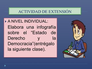 ACTIVIDAD DE EXTENSIÓN 
 A NIVEL INDIVIDUAL: 
Elabora una infografía 
sobre el “Estado de 
Derecho y la 
Democracia”(entrégalo 
la siguiente clase). 
 