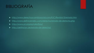 BIBLIOGRAFÍA
 http://www.derechoycambiosocial.com/RJC/Revista13/estado.htm
 http://www.definicionabc.com/derecho/estado-de-derecho.php
 http://www.un.org/es/ruleoflaw/
 http://definicion.de/estado-de-derecho/
 