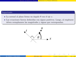 Estado de Esfuerzos Planos Esfuerzos en Planos Oblicuos
Importante
La normal al plano forma un ángulo θ con el eje x.
Las ecuaciones fueron deducidas con signos positivos. Luego, al emplearse
deben reemplazarse las magnitudes y signos que correspondan.
Prof. Luis Pérez Pozo (PUCV) EII-342: RM Primer Semestre 2012 14 / 30
 