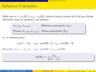 Estado de Esfuerzos Planos Esfuerzos Principales
Esfuerzos Principales
Dado que σn = σn(θ) y τnt = τnt(θ), existen ciertos valores de θ tal que dichas
funciones sean un máximo o un mı́nimo.
(σn máx, σn mı́n) Esfuerzos principales (σp)
Planos (σn máx, σn mı́n) Planos principales (θp)
σn es mı́nimo para:
σnθ = −(σx − σy) · sen(2θ) + 2 · τxy · cos(2θ) = 0
Recordar: τnt = −1
2 · (σx − σy) · sen(2θ) + τxy · cos(2θ)
tg(2θp) =
τxy
1
2 (σx − σy)
Prof. Luis Pérez Pozo (PUCV) EII-342: RM Primer Semestre 2012 15 / 30
 