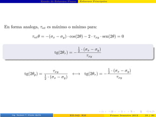 Estado de Esfuerzos Planos Esfuerzos Principales
En forma analoga, τnt es máximo o mı́nimo para:
τntθ = −(σx − σy) · cos(2θ) − 2 · τxy · sen(2θ) = 0
tg(2θτ ) = −
1
2 · (σx − σy)
τxy
tg(2θp) =
τxy
1
2 · (σx − σy)
←→ tg(2θτ ) = −
1
2 · (σx − σy)
τxy
Prof. Luis Pérez Pozo (PUCV) EII-342: RM Primer Semestre 2012 19 / 30
 