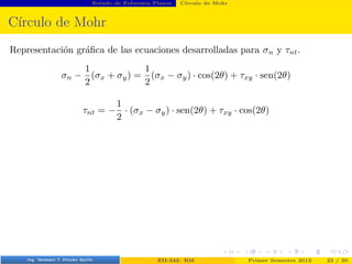 Estado de Esfuerzos Planos Cı́rculo de Mohr
Cı́rculo de Mohr
Representación gráfica de las ecuaciones desarrolladas para σn y τnt.
σn −
1
2
(σx + σy) =
1
2
(σx − σy) · cos(2θ) + τxy · sen(2θ)
τnt = −
1
2
· (σx − σy) · sen(2θ) + τxy · cos(2θ)
Prof. Luis Pérez Pozo (PUCV) EII-342: RM Primer Semestre 2012 23 / 30
 
