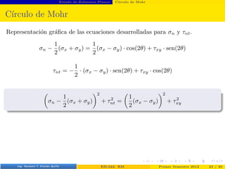 Estado de Esfuerzos Planos Cı́rculo de Mohr
Cı́rculo de Mohr
Representación gráfica de las ecuaciones desarrolladas para σn y τnt.
σn −
1
2
(σx + σy) =
1
2
(σx − σy) · cos(2θ) + τxy · sen(2θ)
τnt = −
1
2
· (σx − σy) · sen(2θ) + τxy · cos(2θ)

σn −
1
2
(σx + σy)
2
+ τ2
nt =

1
2
(σx − σy)
2
+ τ2
xy
Prof. Luis Pérez Pozo (PUCV) EII-342: RM Primer Semestre 2012 23 / 30
 