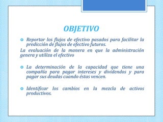OBJETIVO
 Reportar los flujos de efectivo pasados para facilitar la
  predicción de flujos de efectivo futuros.
La evaluación de la manera en que la administración
genera y utiliza el efectivo

   La determinación de la capacidad que tiene una
    compañía para pagar intereses y dividendos y para
    pagar sus deudas cuando éstas vencen.

   Identificar los cambios en la mezcla de activos
    productivos.
 