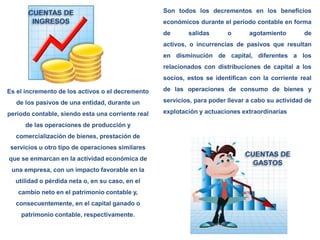Son todos los decrementos en los beneficios
económicos durante el período contable en forma
de salidas o agotamiento de
activos, o incurrencias de pasivos que resultan
en disminución de capital, diferentes a los
relacionados con distribuciones de capital a los
socios, estos se identifican con la corriente real
de las operaciones de consumo de bienes y
servicios, para poder llevar a cabo su actividad de
explotación y actuaciones extraordinarias
CUENTAS DE
GASTOS
Es el incremento de los activos o el decremento
de los pasivos de una entidad, durante un
periodo contable, siendo esta una corriente real
de las operaciones de producción y
comercialización de bienes, prestación de
servicios u otro tipo de operaciones similares
que se enmarcan en la actividad económica de
una empresa, con un impacto favorable en la
utilidad o pérdida neta o, en su caso, en el
cambio neto en el patrimonio contable y,
consecuentemente, en el capital ganado o
patrimonio contable, respectivamente.
CUENTAS DE
INGRESOS
 