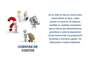 Es el costo en que se incurre para
comercializar un bien, o para
prestar un servicio. El esfuerzo
medible en unidades monetarias
que se tienen que desembolsarse
para llevar a cabo la adquisición
de las mercancías o la producción
de bienes o servicios, gastos de
fabricación o costos indirectos.
CUENTAS DE
COSTOS
 