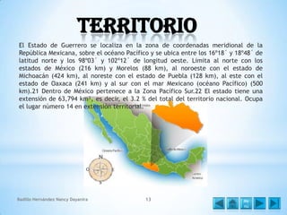 Territorio
El Estado de Guerrero se localiza en la zona de coordenadas meridional de la
República Mexicana, sobre el océano Pacífico y se ubica entre los 16º18´ y 18º48´ de
latitud norte y los 98º03´ y 102º12´ de longitud oeste. Limita al norte con los
estados de México (216 km) y Morelos (88 km), al noroeste con el estado de
Michoacán (424 km), al noreste con el estado de Puebla (128 km), al este con el
estado de Oaxaca (241 km) y al sur con el mar Mexicano (océano Pacífico) (500
km).21 Dentro de México pertenece a la Zona Pacífico Sur.22 El estado tiene una
extensión de 63,794 km², es decir, el 3.2 % del total del territorio nacional. Ocupa
el lugar número 14 en extensión territorial.

Badillo Hernández Nancy Dayanira

13

Me
nú

 