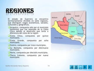 Regiones
El estado de Guerrero se encuentra
territorialmente dividido en siete regiones,
que distinguen rasgos económicos, sociales,
culturales y geográficos.
Acapulco, compuesta sólo por el municipio
homónimo que fue separado de la Costa
Chica debido al desarrollo que tenía a
diferencia del resto de la región.
Costa Chica, compuesta por quince
municipios.
Costa Grande, compuesta por ocho
municipios.
Centro, compuesta por trece municipios.
La Montaña, compuesta por diecinueve
municipios.
Norte, compuesta por dieciséis municipios.
Tierra Caliente, compuesta por nueve
municipios.

Badillo Hernández Nancy Dayanira

14

Me
nú

 