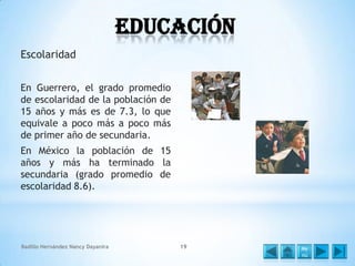 Educación
Escolaridad
En Guerrero, el grado promedio
de escolaridad de la población de
15 años y más es de 7.3, lo que
equivale a poco más a poco más
de primer año de secundaria.
En México la población de 15
años y más ha terminado la
secundaria (grado promedio de
escolaridad 8.6).

Badillo Hernández Nancy Dayanira

19

Me
nú

 