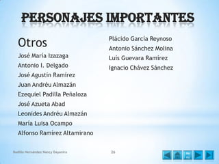 Personajes Importantes
Otros

Plácido García Reynoso

José María Izazaga

Luís Guevara Ramírez

Antonio I. Delgado

Ignacio Chávez Sánchez

Antonio Sánchez Molina

José Agustín Ramírez
Juan Andréu Almazán
Ezequiel Padilla Peñaloza
José Azueta Abad
Leonides Andréu Almazán
María Luisa Ocampo
Alfonso Ramírez Altamirano
Badillo Hernández Nancy Dayanira

26

Me
nú

 