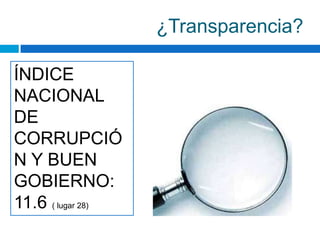 ¿Transparencia?

ÍNDICE
NACIONAL
DE
CORRUPCIÓ
N Y BUEN
GOBIERNO:
11.6 ( lugar 28)
 
