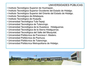 UNIVERSIDADES PÚBLICAS:
• Instituto Tecnológico Superior de Huichapan.
• Instituto Tecnológico Superior Occidente del Estado de Hidalgo.
• Instituto Tecnológico Superior del Oriente del Estado de Hidalgo.
• Instituto Tecnológico de Atitalaquia.
• Instituto Tecnológico de Huejutla.
• Universidad Tecnológica Tula-Tepeji.
• Universidad Tecnológica de Tulancingo.
• Universidad Tecnológica de la Huasteca Hidalguense.
• Universidad Tecnológica de la Sierra Hidalguense.
• Universidad Tecnológica del Valle del Mezquital.
• Universidad Politécnica de Francisco I. Madero.
• Universidad Politécnica de Pachuca.
• Universidad Politécnica de Tulancingo.
• Universidad Politécnica Metropolitana de Hidalgo.
 