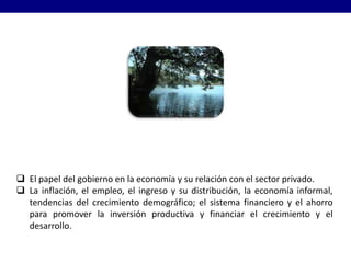  El papel del gobierno en la economía y su relación con el sector privado.
 La inflación, el empleo, el ingreso y su distribución, la economía informal,
  tendencias del crecimiento demográfico; el sistema financiero y el ahorro
  para promover la inversión productiva y financiar el crecimiento y el
  desarrollo.

 01/04/2013                                                                10
 