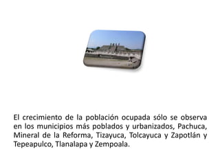 El crecimiento de la población ocupada sólo se observa
en los municipios más poblados y urbanizados, Pachuca,
Mineral de la Reforma, Tizayuca, Tolcayuca y Zapotlán y
Tepeapulco, Tlanalapa y Zempoala.
01/04/2013                                           33
 