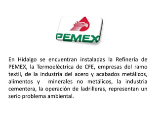 En Hidalgo se encuentran instaladas la Refinería de
PEMEX, la Termoeléctrica de CFE, empresas del ramo
textil, de la industria del acero y acabados metálicos,
alimentos y minerales no metálicos, la industria
cementera, la operación de ladrilleras, representan un
serio problema ambiental.

01/04/2013                                            36
 