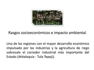 Rasgos socioeconómicos e impacto ambiental.

 Una de las regiones con el mayor desarrollo económico
 impulsado por las industrias y la agricultura de riego
 sobresale el corredor industrial más importante del
 Estado (Atitalaquia - Tula Tepeji).

01/04/2013                                           37
 