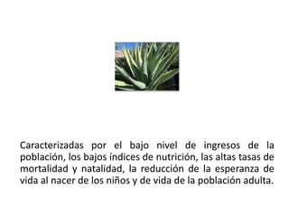 Caracterizadas por el bajo nivel de ingresos de la
 población, los bajos índices de nutrición, las altas tasas de
 mortalidad y natalidad, la reducción de la esperanza de
 vida al nacer de los niños y de vida de la población adulta.

01/04/2013                                                  39
 