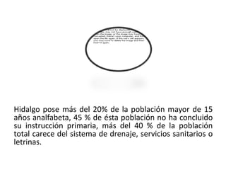 Hidalgo pose más del 20% de la población mayor de 15
años analfabeta, 45 % de ésta población no ha concluido
su instrucción primaria, más del 40 % de la población
total carece del sistema de drenaje, servicios sanitarios o
letrinas.

01/04/2013                                               40
 
