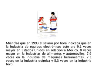 Mientras que en 1993 el salario por hora indicaba que en
la industria de equipos electrónicos éste era 9.1 veces
mayor en Estados Unidos en relación a México, 8 veces
mayor en la industrias de alimentos y automóviles, 7.9
veces en la industria de maquinas herramientas, 7.3
veces en la industria química y 5.3 veces en la industria
textil.
01/04/2013                                             50
 