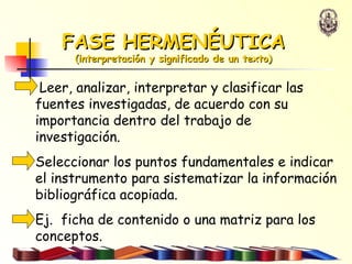 FASE HERMENÉUTICA  (interpretación y significado de un texto) Leer, analizar, interpretar y clasificar las fuentes investigadas, de acuerdo con su importancia dentro del trabajo de investigación.  Seleccionar los puntos fundamentales e indicar el instrumento para sistematizar la información bibliográfica acopiada. Ej.  ficha de contenido o una matriz para los conceptos. 