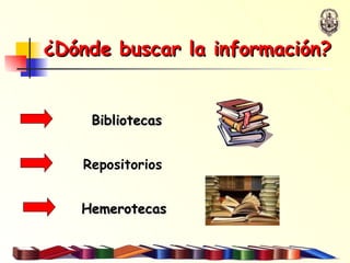 ¿Dónde buscar la información? Bibliotecas Hemerotecas Repositorios 
