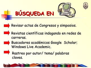 BÚSQUEDA EN   Revisar actas de Congresos y simposios. Revistas científicas indagando en redes de carreras. Buscadores   académicos Google  Scholar; Windows Live Academic. Rastreo por autor/ tema/ palabras claves. 
