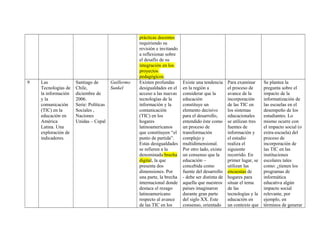 prácticas docentes
requiriendo su
revisión e invitando
a reflexionar sobre
el desafío de su
integración en los
proyectos
pedagógicos.
9 Las
Tecnologías de
la información
y la
comunicación
(TIC) en la
educación en
América
Latina. Una
exploración de
indicadores.
Santiago de
Chile,
diciembre de
2006.
Serie: Políticas
Sociales ,
Naciones
Unidas – Cepal
Guillermo
Sunkel
Existen profundas
desigualdades en el
acceso a las nuevas
tecnologías de la
información y la
comunicación
(TIC) en los
hogares
latinoamericanos
que constituyen “el
punto de partida”.
Estas desigualdades
se refieren a la
denominada brecha
digital, la que
presenta dos
dimensiones. Por
una parte, la brecha
internacional donde
destaca el rezago
latinoamericano
respecto al avance
de las TIC en los
Existe una tendencia
en la región a
considerar que la
educación
constituye un
elemento decisivo
para el desarrollo,
entendido éste como
un proceso de
transformación
complejo y
multidimensional.
Por otro lado, existe
un consenso que la
educación –
concebida como
fuente del desarrollo
- debe ser distinta de
aquella que nuestros
países imaginaron
durante gran parte
del siglo XX. Este
consenso, orientado
Para examinar
el proceso de
avance de la
incorporación
de las TIC en
los sistemas
educacionales
se utilizan tres
fuentes de
información y
el estudio
realiza el
siguiente
recorrido. En
primer lugar, se
utilizan las
encuestas de
hogares para
situar el tema
de las
tecnologías y la
educación en
un contexto que
Se plantea la
pregunta sobre el
impacto de la
informatización de
las escuelas en el
desempeño de los
estudiantes. Lo
mismo ocurre con
el impacto social (o
extra-escuela) del
proceso de
incorporación de
las TIC en las
instituciones
escolares tales
como: ¿tienen los
programas de
informática
educativa algún
impacto social
relevante, por
ejemplo, en
términos de generar
 