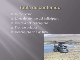 





Introducción
Línea del tiempo del helicóptero
Historia del helicóptero
Trompo volador
Helicóptero de alas fijas

 