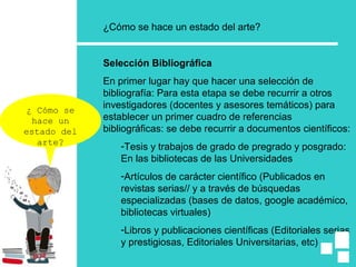 ¿Cómo se hace un estado del arte?
Selección Bibliográfica
En primer lugar hay que hacer una selección de
bibliografía: Para esta etapa se debe recurrir a otros
investigadores (docentes y asesores temáticos) para
establecer un primer cuadro de referencias
bibliográficas: se debe recurrir a documentos científicos:
-Tesis y trabajos de grado de pregrado y posgrado:
En las bibliotecas de las Universidades
-Artículos de carácter científico (Publicados en
revistas serias// y a través de búsquedas
especializadas (bases de datos, google académico,
bibliotecas virtuales)
-Libros y publicaciones científicas (Editoriales serias
y prestigiosas, Editoriales Universitarias, etc)
¿ Cómo se
hace un
estado del
arte?
 