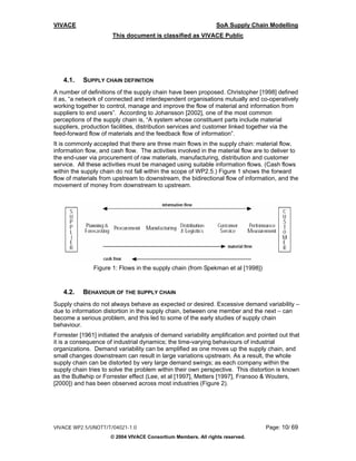 VIVACE                                                          SoA Supply Chain Modelling
                       This document is classified as VIVACE Public




   4.1.    SUPPLY CHAIN DEFINITION
A number of definitions of the supply chain have been proposed. Christopher [1998] defined
it as, “a network of connected and interdependent organisations mutually and co-operatively
working together to control, manage and improve the flow of material and information from
suppliers to end users”. According to Johansson [2002], one of the most common
perceptions of the supply chain is, “A system whose constituent parts include material
suppliers, production facilities, distribution services and customer linked together via the
feed-forward flow of materials and the feedback flow of information”.
It is commonly accepted that there are three main flows in the supply chain: material flow,
information flow, and cash flow. The activities involved in the material flow are to deliver to
the end-user via procurement of raw materials, manufacturing, distribution and customer
service. All these activities must be managed using suitable information flows. (Cash flows
within the supply chain do not fall within the scope of WP2.5.) Figure 1 shows the forward
flow of materials from upstream to downstream, the bidirectional flow of information, and the
movement of money from downstream to upstream.




               Figure 1: Flows in the supply chain (from Spekman et al [1998])



   4.2.    BEHAVIOUR OF THE SUPPLY CHAIN
Supply chains do not always behave as expected or desired. Excessive demand variability –
due to information distortion in the supply chain, between one member and the next – can
become a serious problem, and this led to some of the early studies of supply chain
behaviour.
Forrester [1961] initiated the analysis of demand variability amplification and pointed out that
it is a consequence of industrial dynamics; the time-varying behaviours of industrial
organizations. Demand variability can be amplified as one moves up the supply chain, and
small changes downstream can result in large variations upstream. As a result, the whole
supply chain can be distorted by very large demand swings; as each company within the
supply chain tries to solve the problem within their own perspective. This distortion is known
as the Bullwhip or Forrester effect (Lee, et al [1997], Metters [1997], Fransoo & Wouters,
[2000]) and has been observed across most industries (Figure 2).




VIVACE WP2.5/UNOTT/T/04021-1.0                                                    Page: 10/ 69
                      © 2004 VIVACE Consortium Members. All rights reserved.
 