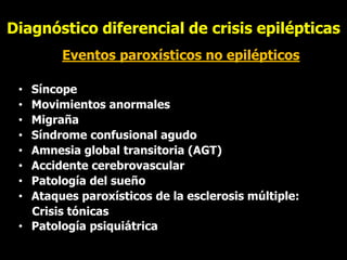 Diagnóstico diferencial de crisis epilépticas
Eventos paroxísticos no epilépticos
• Síncope
• Movimientos anormales
• Migraña
• Síndrome confusional agudo
• Amnesia global transitoria (AGT)
• Accidente cerebrovascular
• Patología del sueño
• Ataques paroxísticos de la esclerosis múltiple:
Crisis tónicas
• Patología psiquiátrica
 