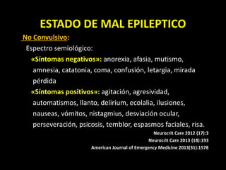 ESTADO DE MAL EPILEPTICO
No Convulsivo:
Espectro semiológico:
«Síntomas negativos»: anorexia, afasia, mutismo,
amnesia, catatonia, coma, confusión, letargia, mirada
pérdida
«Síntomas positivos»: agitación, agresividad,
automatismos, llanto, delirium, ecolalia, ilusiones,
nauseas, vómitos, nistagmius, desviación ocular,
perseveración, psicosis, temblor, espasmos faciales, risa.
Neurocrit Care 2012 (17):3
Neurocrit Care 2013 (18):193
American Journal of Emergency Medicine 2013(31):1578
 