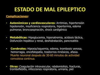 ESTADO DE MAL EPILEPTICO
Complicaciones:
• Autonómicas y cardiovasculares: Arritmias, hipertensión
hipotensión, insuficiencia respiratoria, hipertermia, edema
pulmonar, broncoaspiración, shock cardigénico
• Metabólicas: Hipoglucemia, hiponatremia, acidosis láctica,
Disfunción hepática y renal, deshidratación, pancreatitis
• Cerebrales: Hipoxia/isquemia, edema, trombosis venosa,
hemorragia, encefalopatía, trastornos mnésicos, afasia.
Muerte neuronal después de 30-60 minutos de actividad
convulsiva continua.
• Otras: Coagulación intravascular, rabdomiolisis, fracturas,
tromboflebitis, infecciones respiratoria, urinaria, piel
 