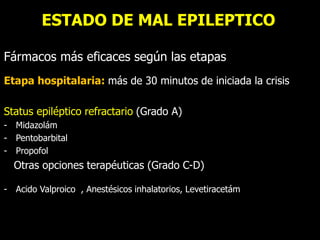 ESTADO DE MAL EPILEPTICO
Fármacos más eficaces según las etapas
Etapa hospitalaria: más de 30 minutos de iniciada la crisis
Status epiléptico refractario (Grado A)
- Midazolám
- Pentobarbital
- Propofol
Otras opciones terapéuticas (Grado C-D)
- Acido Valproico , Anestésicos inhalatorios, Levetiracetám
 