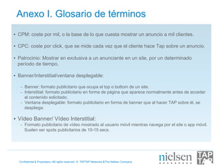 Anexo I. Glosario de términos
•  CPM: coste por mil, o la base de lo que cuesta mostrar un anuncio a mil clientes.

•  CPC: coste por click, que se mide cada vez que el cliente hace Tap sobre un anuncio.

•  Patrocinio: Mostrar en exclusiva a un anunciante en un site, por un determinado
   período de tiempo.

•  Banner/interstitial/ventana desplegable:

   –  Banner: formato publicitario que ocupa el top o bottom de un site.
   –  Interstitial: formato publicitario en forma de página que aparece normalmente antes de acceder
      al contenido solicitado.
   –  Ventana desplegable: formato publicitario en forma de banner que al hacer TAP sobre él, se
      despliega.

•  Vídeo Banner/ Vídeo Interstitial:
   –  Formato publicitario de vídeo mostrado al usuario móvil mientras navega por el site o app móvil.
      Suelen ser spots publicitarios de 10-15 secs.




  Confidential & Proprietary •All rights reserved © TAPTAP Networks &The Nielsen Company
 