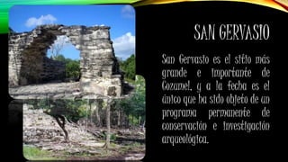 SAN GERVASIO
San Gervasio es el sitio más
grande e importante de
Cozumel, y a la fecha es el
único que ha sido objeto de un
programa permanente de
conservación e investigación
arqueológica.
 