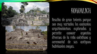 KOHUNLICH
Resulta de gran interés porque
son muy variados los conjuntos
arquitectónicos explorados y
permite conocer aspectos
diversos de la vida cotidiana y
ceremonial de sus antiguos
habitantes mayas.
 