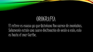 OROGRAFÍA
El relieve es escaso ya que Quintana Roo carece de montañas.
Solamente existe una suave declinación de oeste a este; esto
es hacia el mar Caribe.
 