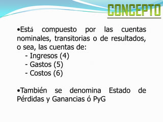 Suministra información de las causas que generaron el resultado de una organización durante un período, sea un resultado de ganancia o pérdida.CONCEPTOEstá compuesto por las cuentas nominales, transitorias o de resultados, o sea, las cuentas de:- Ingresos (4) - Gastos (5) - Costos (6)También se denomina Estado de Pérdidas y Ganancias ó PyGPARTESEl Estado de Resultados está compuesto por tres partes: Encabezamiento o Encabezado:Razón social o nombre de la empresa 
