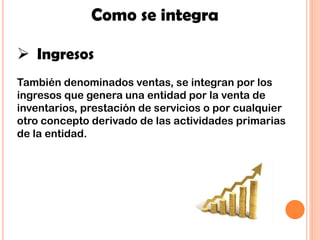 Como se integra
 Ingresos
También denominados ventas, se integran por los
ingresos que genera una entidad por la venta de
inventarios, prestación de servicios o por cualquier
otro concepto derivado de las actividades primarias
de la entidad.
 