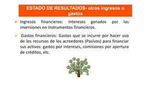  Ingresos financieros: Intereses ganados por las
inversiones en instrumentos financieros.
 Gastos financieros: Gastos que se incurre por hacer uso
de los recursos de los acreedores (Pasivos) para financiar
sus activos: gastos por intereses, comisiones por apertura
de créditos, etc.
ESTADO DE RESULTADOS- otros ingresos o
gastos
 