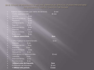    Ingresos operacionales (por venta de servicios).        $ xxxx
   - Gastos operacionales.                             ($ xxx)
     Nómina.              $ xxx
     Servicios públicos. $ xxx
     Papelería.           $ xxx
     Mantenimiento.       $ xxx
     Seguros.            $ xxx
     Arrendamientos.      $ xxx
     Intereses.          $ xxx
     Depreciaciones.       $ xxx
     Publicidad.          $ xxx
     = utilidad operacional.                           $xxx


   + Otros ingresos no operacionales.                    $ xxx
     Intereses.           $ xxx
     Arrendamientos.       $ xxx
     Asesorías.          $ xxx
     Capacitaciones.        $ xxx
     Descuentos.          $ xxx
   - Otros gastos no operacionales.                     ($ xxx)
      Intereses.         $ xxx
     Arrendamientos.      $ xxx
     Reparaciones.        $ xxx
     =Utilidad antes de impuesto.                      $xxx
   - % Estimado de impuestos.                         ($ xxx)
     = Utilidad neta período.                         $ xxxx
 