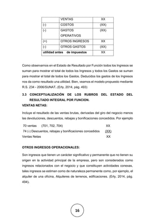 16
Como observarnos en el Estado de Resultado por Función todos los Ingresos se
suman para mostrar el total de todos los Ingresos y todos los Gastos se suman
para mostrar el total de todos los Gastos. Deducidos los gastos de los Ingresos
nos da como resultado una utilidad. Bien, veamos el modelo propuesto mediante
R.S. 234 - 2006/SUNAT. (Erly, 2014, pág. 493)
3.3 CONCEPTUALIZACIÓN DE LOS RUBROS DEL ESTADO DEL
RESULTADO INTEGRAL POR FUNCION.
VENTAS NETAS:
Incluye el resultado de las ventas brutas, derivadas del giro del negocio menos
las devoluciones, descuentos, rebajas y bonificaciones concedidos. Por ejemplo
70 ventas (701, 702, 704) XX
74 (-) Descuentos, rebajas y bonificaciones concedidos (XX)
Ventas Netas XX
OTROS INGRESOS OPERACIONALES:
Son ingresos que tienen un carácter significativo y permanente que no tienen su
origen en la actividad principal de la empresa, pero son considerados como
ingresos relacionados con el negocio y que constituyen actividades conexas,
tales ingresos se estiman como de naturaleza permanente como, por ejemplo, el
alquiler de una oficina, Alquileres de terrenos, edificaciones. (Erly, 2014, pág.
494).
VENTAS XX
(-) COSTOS (XX)
(-) GASTOS
OPERATIVOS
(XX)
(+) OTROS INGRESOS XX
(-) OTROS GASTOS (XX)
utilidad antes de impuestos XX
 